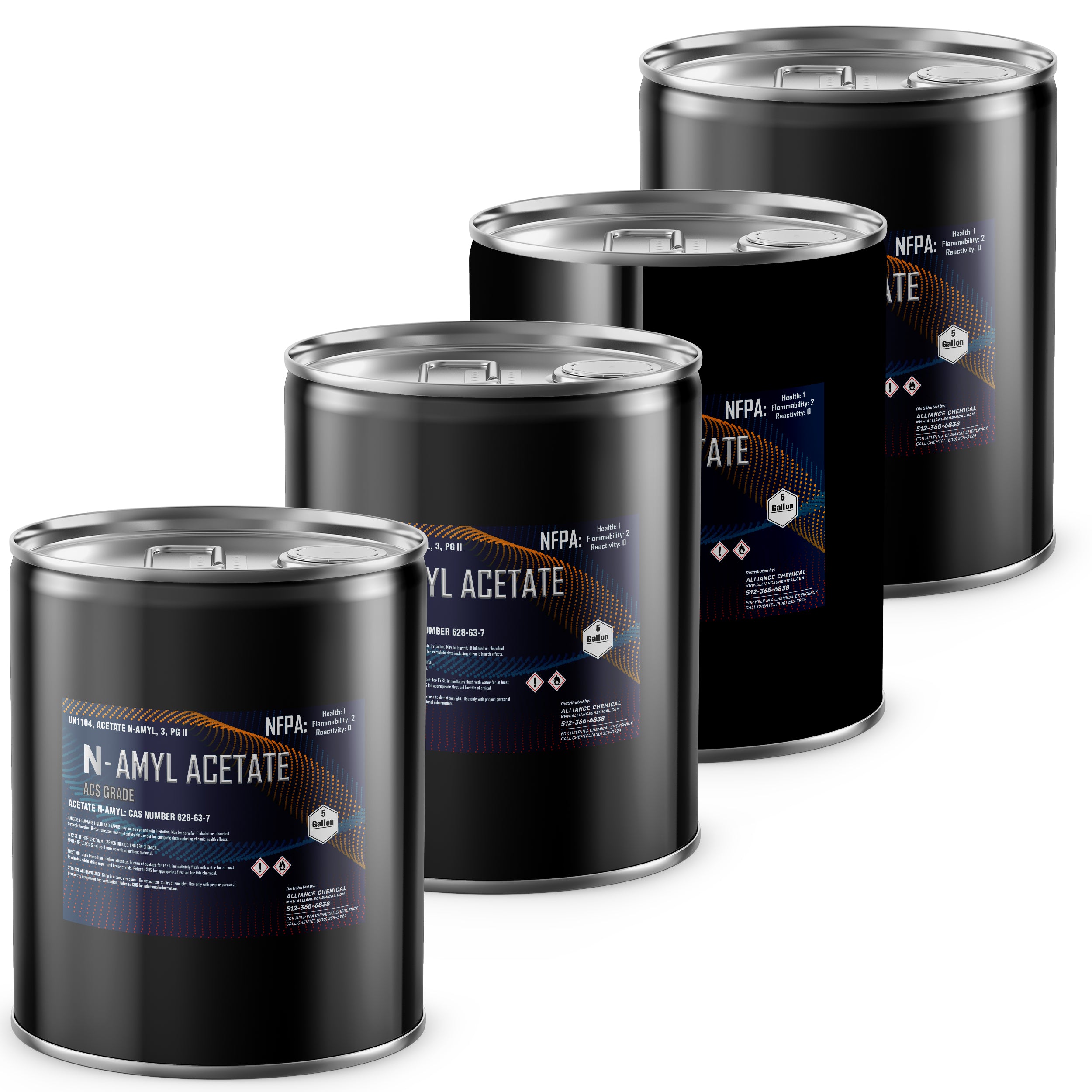 4x5 gallon N-Amyl Acetate ACS grade in black steel drums, featuring NFPA diamond hazard labels, CAS 628-63-7, BulEm certification, industrial packaging.